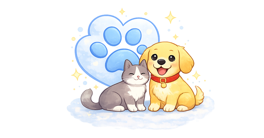Illustration of a dog and cat with a paw print behind them